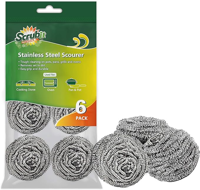 SCRUBIT 6 Pack Stainless Steel Scourers – Steel Wool Scrubber Pad Used by SCRUBIT