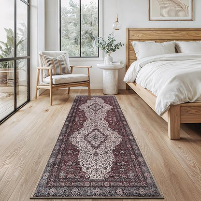 Bloom Rugs Washable Non-Slip 12 ft Runner - Red/Green/Cream Traditional Medallion Runner for Entryway, Hallway, Bathroom, and Kitchen - Exact Size: 2.5' x 12'