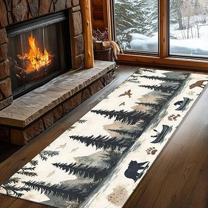 Retro Bear Claw Mountain Runner Rug 3.3x10ft with Elk Cabin - Non-Slip Bohemian Rug, Washable Floor Mat for Balcony Corridor, River Landscape Art