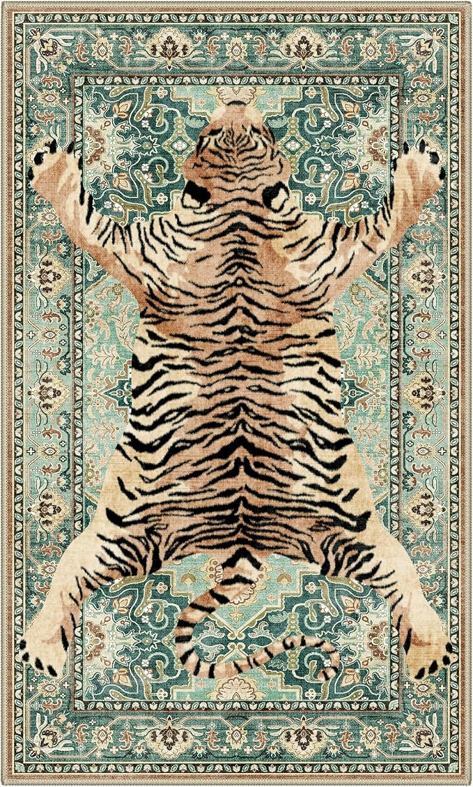 Bavni 3x5 Tiger Rug, Machine Washable Animal Print Low Pile Boho Woodland - Image 8