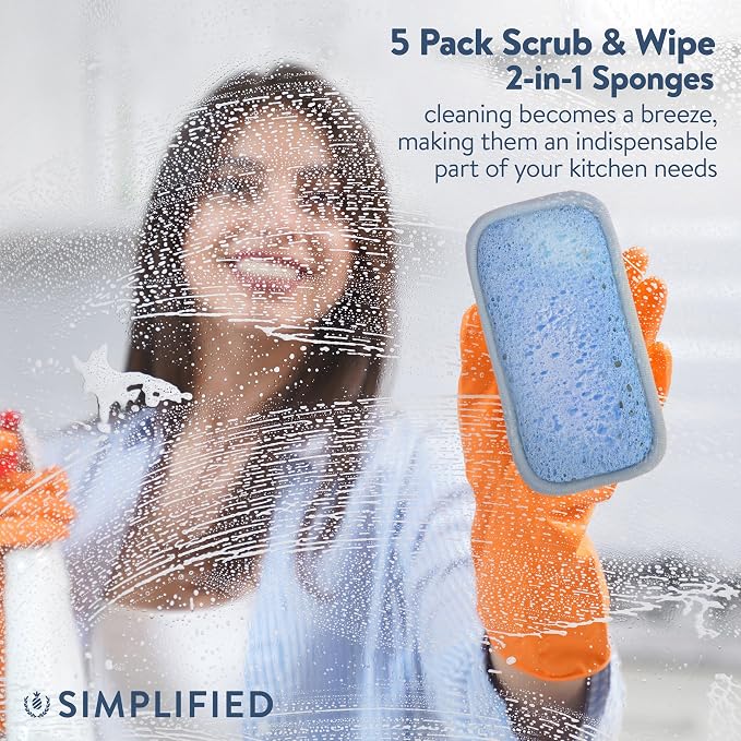 Simplified 5-Pack Scrub & Wipe 2-in-1 Dishwashing Sponges - Image 7