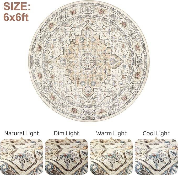 Round Rug Living Room Rugs: 6Ft Washable Boho Neutral Large Circle Soft Indoor Floral Stain Resistant Floor Farmhouse Carpet for Bedroom Nursery Kids Playroom Office Dining Room Dorm Home- Cream Blue
