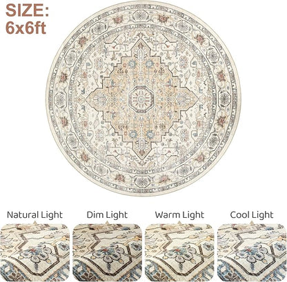 Round Rug Living Room Rugs: 6Ft Washable Boho Neutral Large Circle Soft Indoor Floral Stain Resistant Floor Farmhouse Carpet for Bedroom Nursery Kids Playroom Office Dining Room Dorm Home- Cream Blue