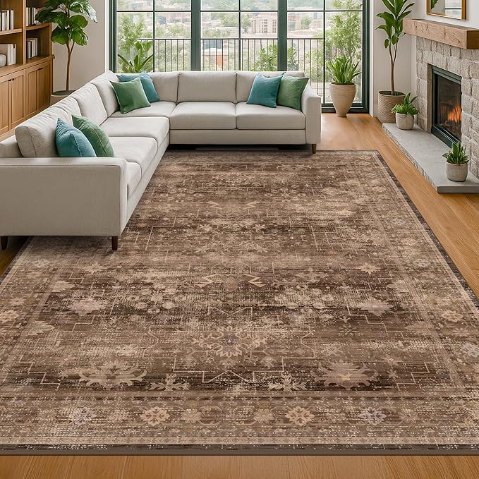 Brown Rug for Living Room 10x12 - Large Vintage Western Eclectic Unique Neutral Taupe, Washable Low Pile Non-Slip Area Rug for Dining Under Table, Bedroom Under Bed, Home Office