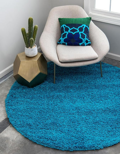 Unique Loom Solid Shag Collection Area Rug (4' 1" Round, Turquoise)