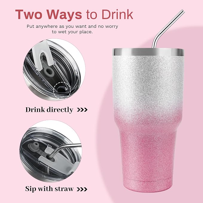 D·S 30 oz Tumbler Pink Glitter Gradient Cup Stainless Steel Double Wall Vacuum - Image 3