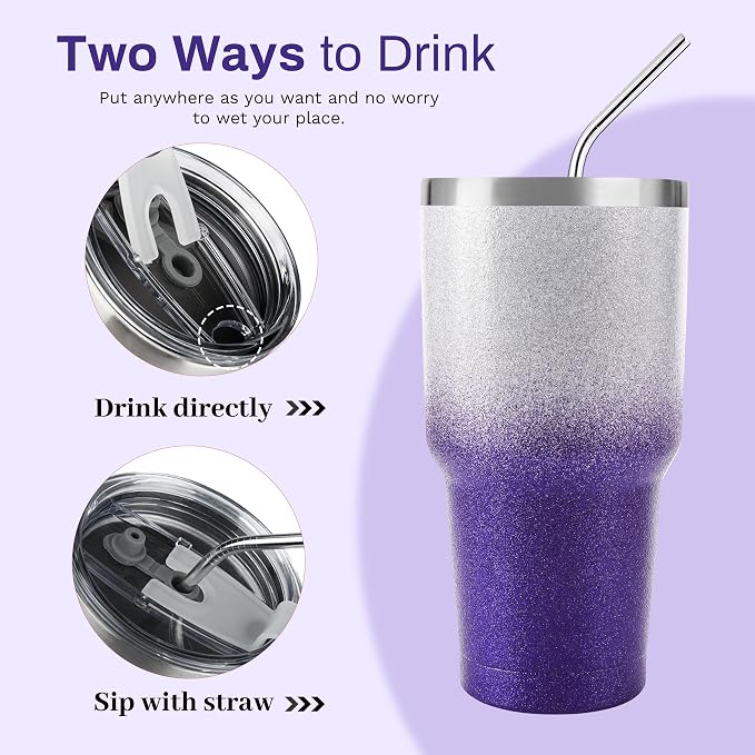 D·S 30 oz Tumbler Purple Glitter Gradient Cup Stainless Steel Double Wall - Image 3