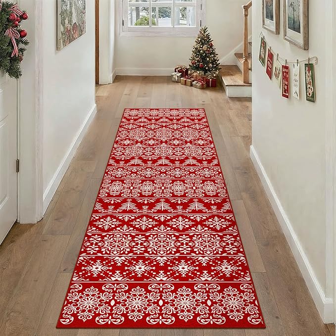 2x8 Runner Rug Red Snowflake Washable Hallway Carpet Xmas Holiday Decor Bedroom - Image 4
