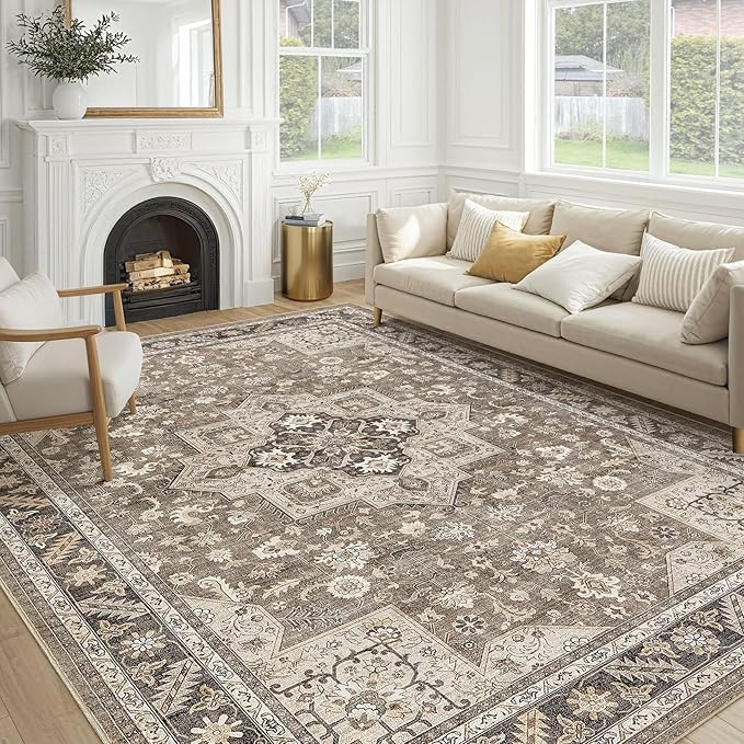 Vintage Living Room Area Rug 8x10 - Large Soft Washable Oriental Traditional Distressed Farmhouse Rugs for Bedroom - Indoor Floor Accent Carpet for Home Office House Decor - Brown