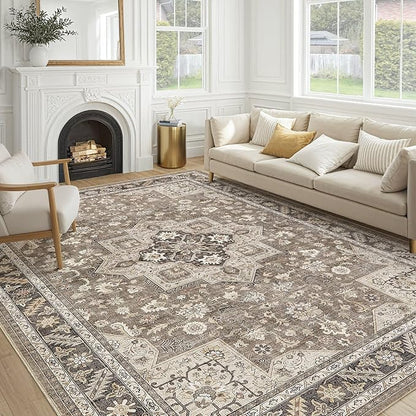 Vintage Living Room Area Rug 8x10 - Large Soft Washable Oriental Traditional Distressed Farmhouse Rugs for Bedroom - Indoor Floor Accent Carpet for Home Office House Decor - Brown