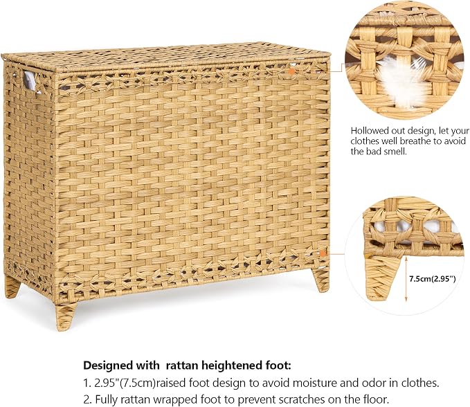 Laundry Hamper with 4 Removable Liner Bags; 176L Handwoven Rattan Laundry - Image 5