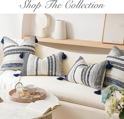BlissBlush Navy Dark Blue Decorative Throw Pillow Cover 20x20 Square Boho Accent Pillowcase Tassels Farmhouse Cushion for Couch Sofa Bedroom Living Room Home Décor Cover ONLY