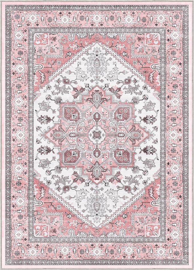 OPPODREAM Thin 6x9 Area Rugs, Washable Rug 6x9 with Non Slip Backing, Faux Cashmere Low-Pile 6 x 9 Carpet, Pink & Cream
