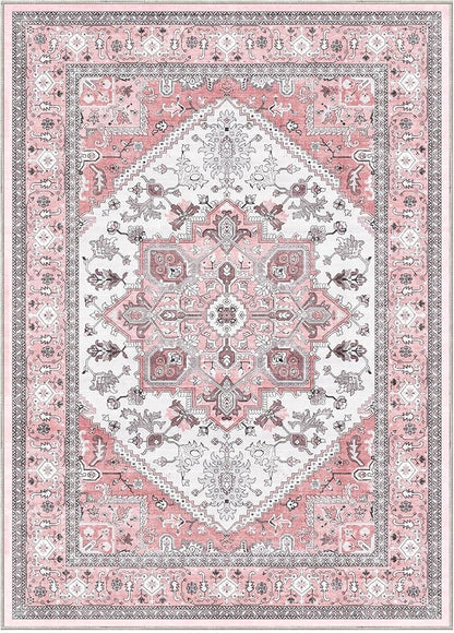 OPPODREAM Thin 6x9 Area Rugs, Washable Rug 6x9 with Non Slip Backing, Faux Cashmere Low-Pile 6 x 9 Carpet, Pink & Cream