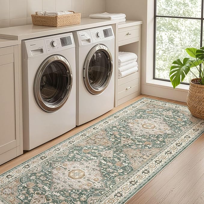 Runner Rug Kitchen Washable Rugs: 3x10 Non-Slip Abstract Soft Modern Stain Resistant Indoor Floor Neutral Accent Throw Carpet for Hallway Bathroom Laundry Room Entryway Bedroom- Green