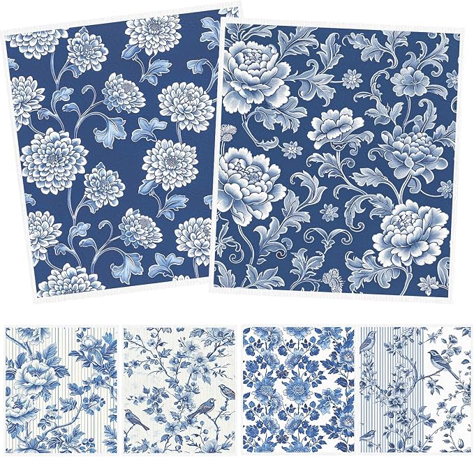 Blue Floral Swedish Dishcloths for Kitchen, 6 Pack Reusable Dish Paper Hand by InIsaJace