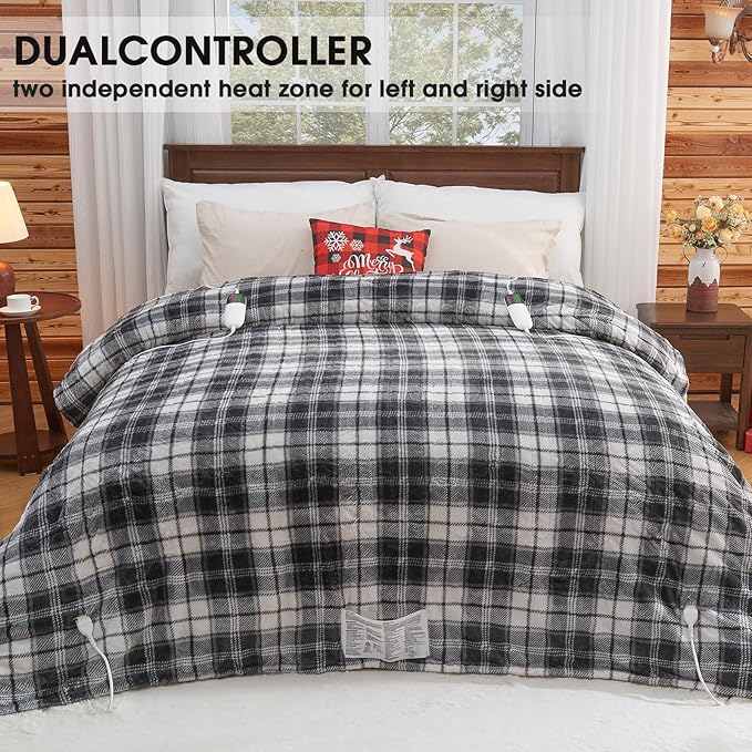 OCTROT Heated Electric Blanket Queen Size, 84X90 Heating Blanket Queen with Dual Control&10 Heats Levels&Timer for Bed,Black Plaid Sherpa Large Blankets Warmer Gift for Grandma Women Adults, Washable