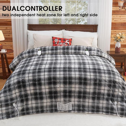 OCTROT Heated Electric Blanket Queen Size, 84X90 Heating Blanket Queen with Dual Control&10 Heats Levels&Timer for Bed,Black Plaid Sherpa Large Blankets Warmer Gift for Grandma Women Adults, Washable