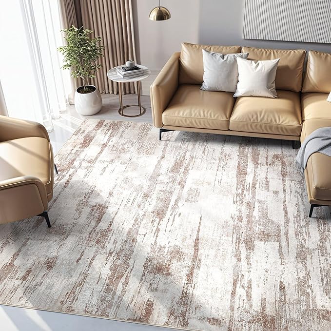 Abstract Living Room Rug 8x10 - Modern Washable Soft Thin Area Rug for Living Room Bedroom Under Dining Table - Neutral Indoor Floor Rug Carpets for Home Office Playroom Nursery - Light Brown