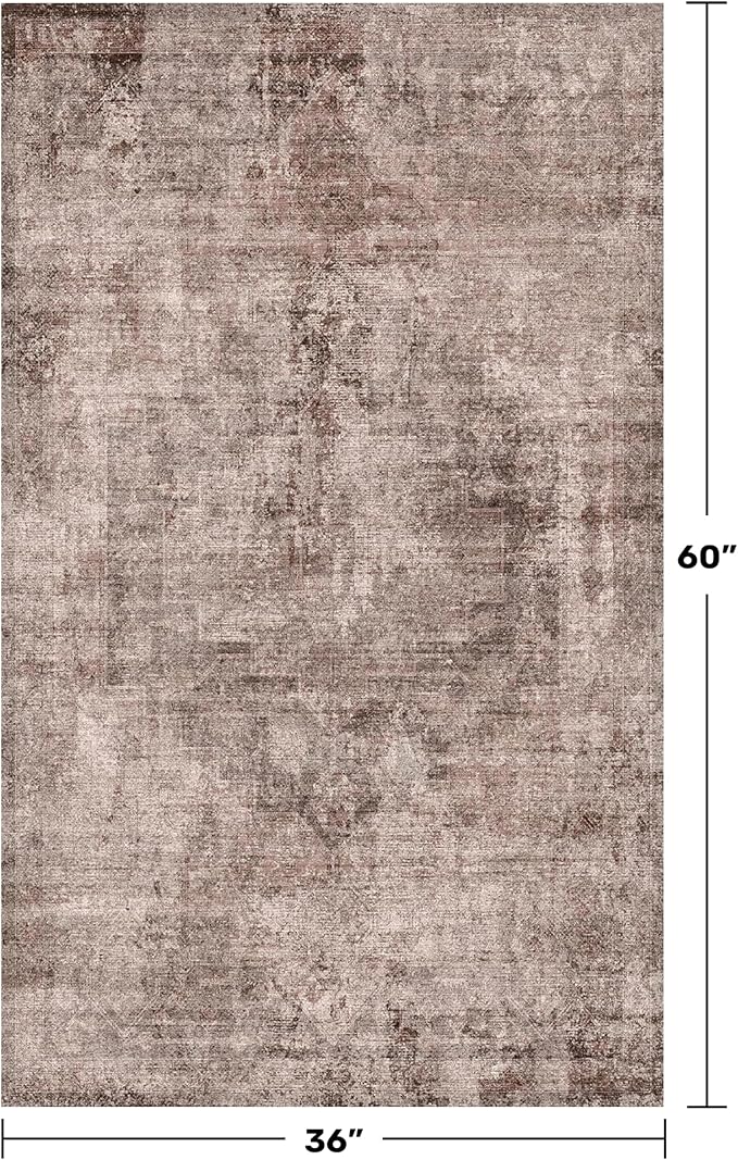 Brown and Red 3x5 Large Washable Entryway Rug, Vintage Home Décor, Low Pile Non Slip Area Rug for Kitchen, Laundry Room, Bedroom Beside Bed, Medallion Abstract Stain Resistant Carpet