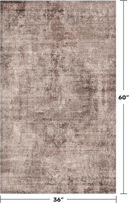 Brown and Red 3x5 Large Washable Entryway Rug, Vintage Home Décor, Low Pile Non Slip Area Rug for Kitchen, Laundry Room, Bedroom Beside Bed, Medallion Abstract Stain Resistant Carpet