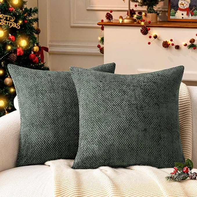 a moment Christmas Dark Green Chenille Throw Pillow Covers 18x18 Inch Pack of 2 Modern Decorative Throw Pillow Covers Farmhouse Cross Covers Home Decor for Sofa Bedroom Living Room