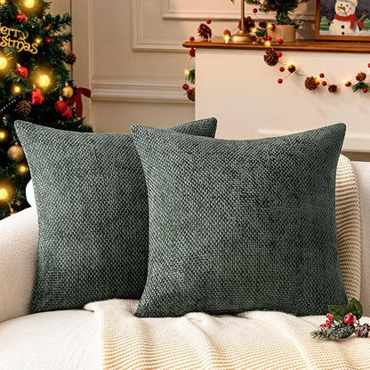 a moment Christmas Dark Green Chenille Throw Pillow Covers 18x18 Inch Pack of 2 Modern Decorative Throw Pillow Covers Farmhouse Cross Covers Home Decor for Sofa Bedroom Living Room