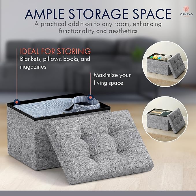 Ornavo Home Small Storage Ottoman Foldable Collapsible Rectangle Linen Ottoman - Image 3