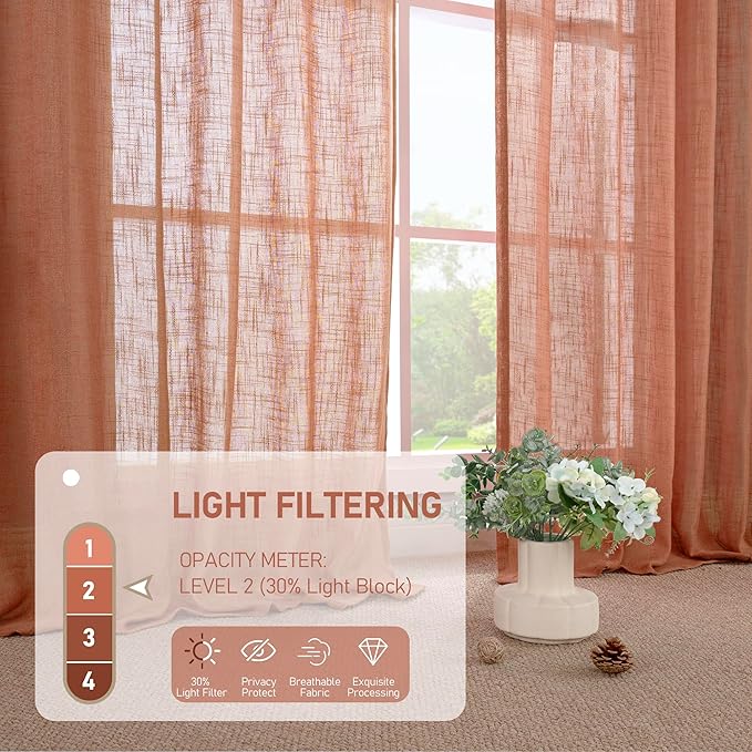 LAMIT Terracotta 72 inch Linen Curtains for Living Room 2 Panels, Linen Textured Light Filtering Semi Sheer Back Tab and Rod Pocket Window Curtain Panels for Bedroom/Farmhouse, 52 x 72 Inch
