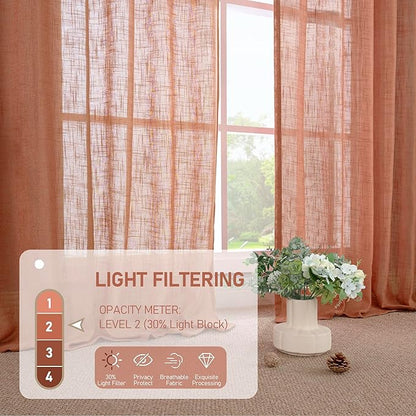 LAMIT Terracotta 72 inch Linen Curtains for Living Room 2 Panels, Linen Textured Light Filtering Semi Sheer Back Tab and Rod Pocket Window Curtain Panels for Bedroom/Farmhouse, 52 x 72 Inch