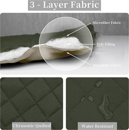 Easy-Going Twin Size Reversible Quilt Set with 1 Quilt and 1 Pillow Sham, Soft Bed Quilt Cover, Water Resistant Lightweight Microfiber Bedspread, Stain Resistant, Army Green/Beige