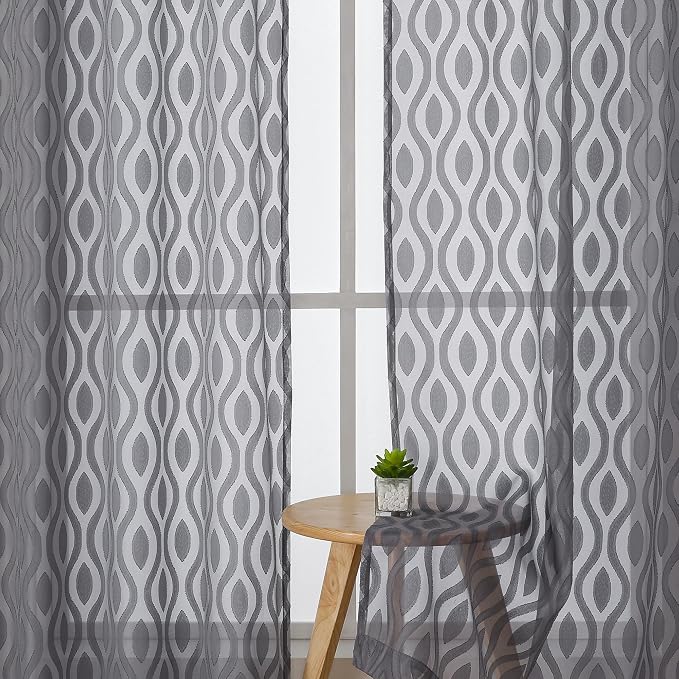 Aiyufeng Grey Valances for Windows, Clip Jacquard Chic Wavy Line Voile Sheer - Image 3
