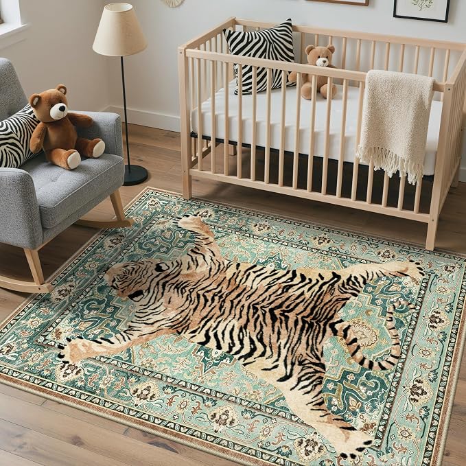 Bavni 5x7 Tiger Rug, Machine Washable Animal Print Low Pile Boho Woodland by BAVNI