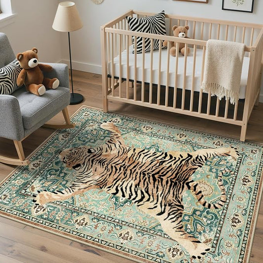 Bavni 5x7 Tiger Rug, Machine Washable Animal Print Low Pile Boho Woodland by BAVNI