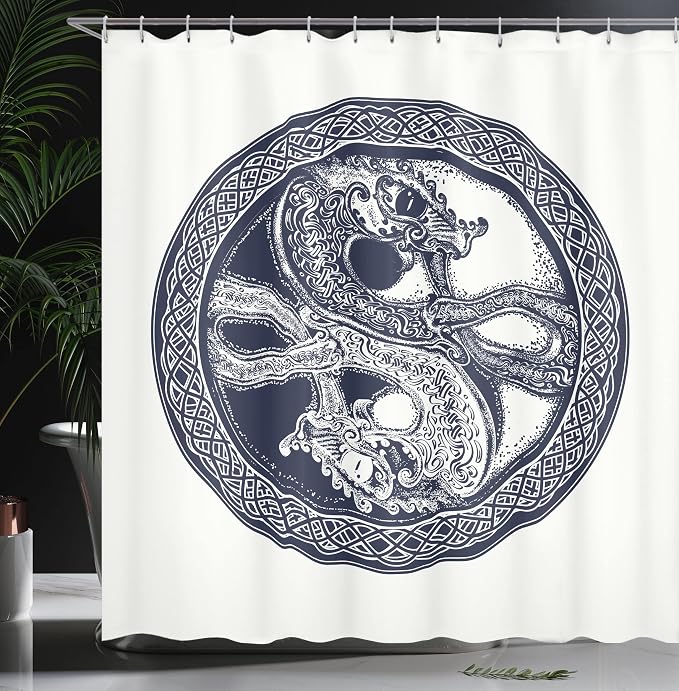 Ambesonne Celtic Dragon Shower Curtain, Mystic Yin Yang Creatures in Round Frame - Image 3