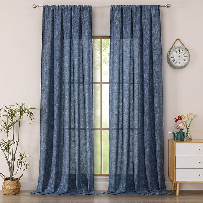 Simplebrand Navy Blue Semi Sheer Faux Linen Textured 120 Inches Long Curtains 2 Panels Set, Privacy Farmhouse Window Drapes for Living Room/Birthday Party/Hallway Window Guest Room, 50 x 120 Inch