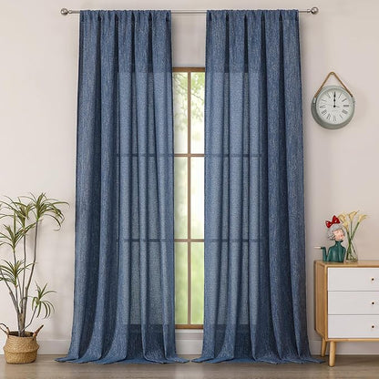 Simplebrand Navy Blue Semi Sheer Faux Linen Textured 120 Inches Long Curtains 2 Panels Set, Privacy Farmhouse Window Drapes for Living Room/Birthday Party/Hallway Window Guest Room, 50 x 120 Inch