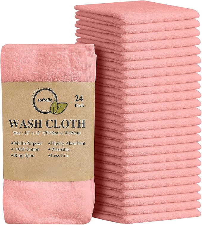 Softolle 100% Cotton Washcloths 24 Pack Soft, Highly Absorbent Washcloth by Softolle