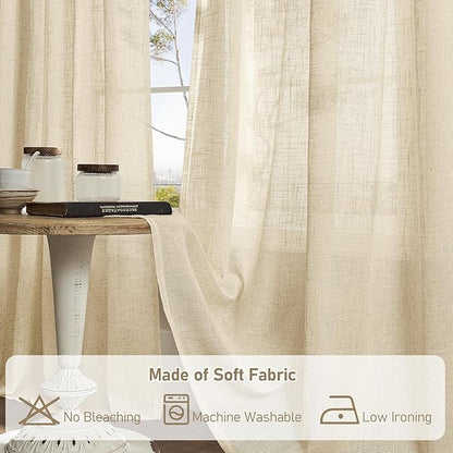 LAMIT 96 inch Linen Curtains for Bedoom, Light Filtering Semi Sheer Panels Back Tab and Rod Pocket Floor to Ceiling Curtains for Living Room, 2 Panels Set, Linen, 52 x 96 Inch