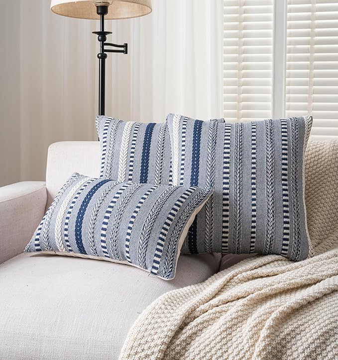 Boho Throw Pillow Covers 12x20 Inch Set of 2, Farmhouse Decorative Couch Pillow Cases, Navy Blue Accent Pillows of Bed, Sofa Bedroom Living Room Home Decor Cushion Cover