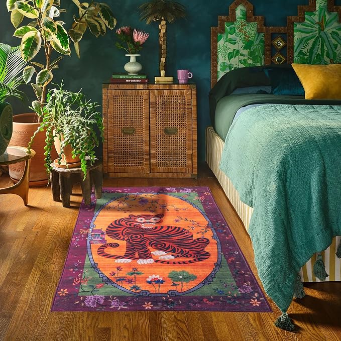 Tiger Rug Washable 4x6 ft Oriental Traditional Animal Print Vintage Fuchsia - Image 8
