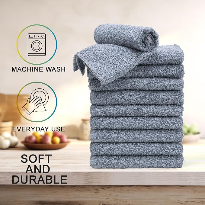 Textila Terry Wash Cloths – Pack of 10, Cool Grey, 12x12 Inches – Soft - Image 2