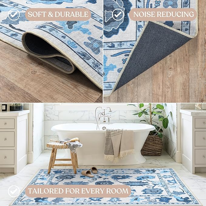 Fame Living Navy Blue Oushak Rug, Modern, Vintage, Turkish, Eclectic, Floral, Pastel, Washable, Area Rugs for Living Room, Dining, Bedroom, Nursery, Girls, Boys, 5'9"x8'9"