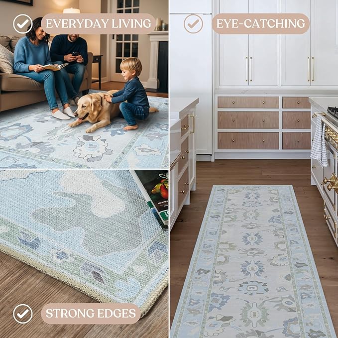 Fame Living Cream Blue Oushak Rug, Modern, Vintage, Turkish, Eclectic, Floral, Pastel, Washable, Extra Large Area Rugs for Living Room, Dining, Bedroom, Lounge, 9'x12'