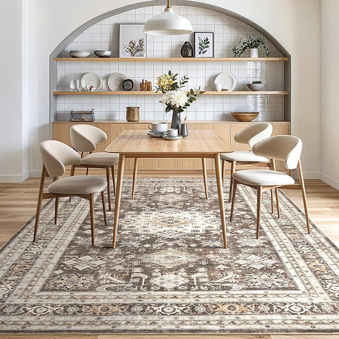 Vintage Living Room Area Rug 9x12 - Large Soft Washable Oriental Traditional Distressed Farmhouse Rugs for Bedroom - Indoor Floor Accent Carpet for Home Office House Decor - Dark Brown