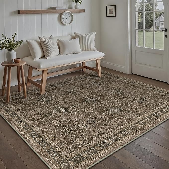 Area Rug 5x7 Brown Washable Vintage Living Room Carpetb Traditional Distressed Bedroom Indoor Soft Non Slip Large Rug Retro Thin Low Pile Floor Cover for Office Dining Room