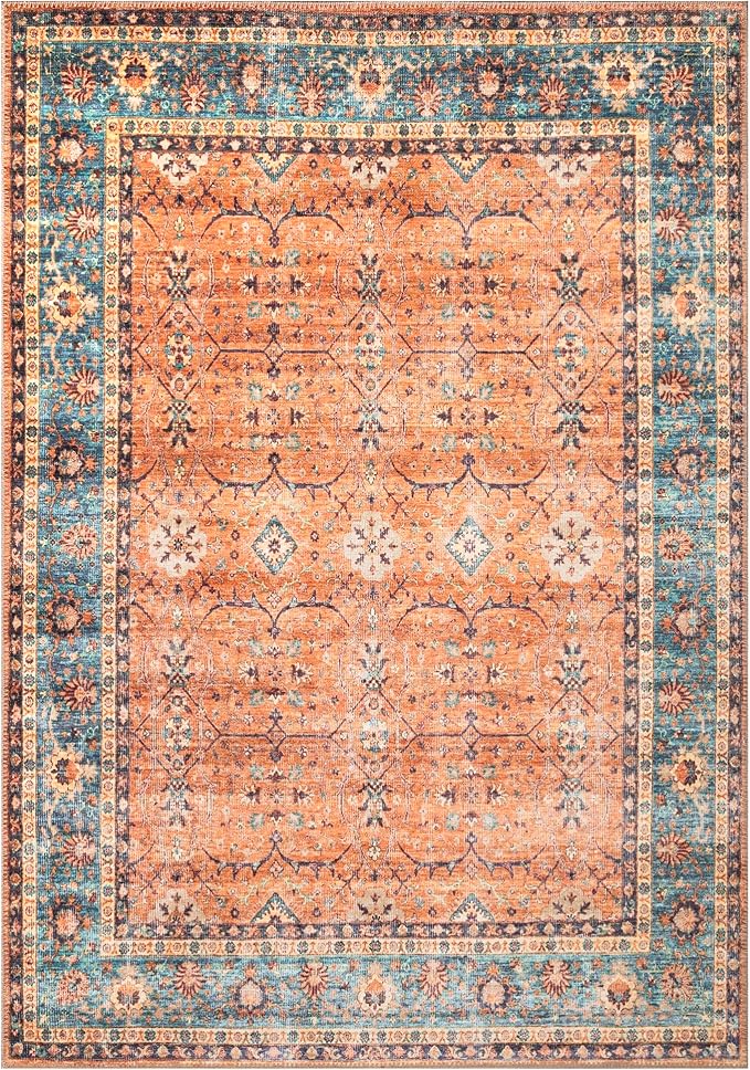 Bloom Rugs Washable Non-Slip 9' x 12' Rug - Orange/Teal Blue Traditional Bordered Area Rug for Living Room, Bedroom, Dining Room, and Kitchen - Exact Size: 9' x 12'