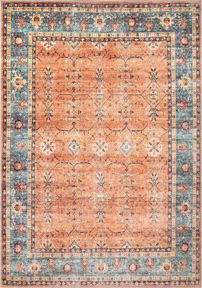 Bloom Rugs Washable Non-Slip 9' x 12' Rug - Orange/Teal Blue Traditional Bordered Area Rug for Living Room, Bedroom, Dining Room, and Kitchen - Exact Size: 9' x 12'