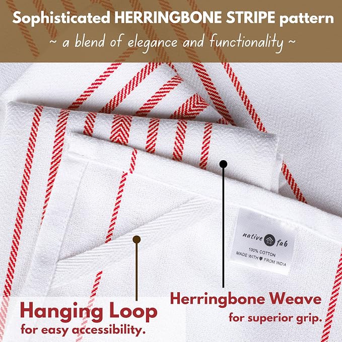 Native Fab 100% Cotton Red Kitchen Dish Towels Set of 4 Scandia Stripe 16"x26" - Image 6