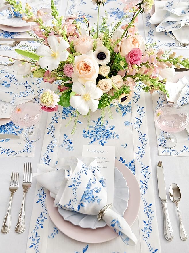 Solino Home Blue Floral Print Table Runner 72 Inches Long - 100% Pure Linen Table Runner 14 x 72 Inch - Handcrafted and Machine Washable - Jolie Fleur Print